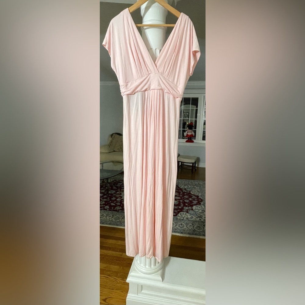 Iman women’s Deep-V-neck sleeve less pink Maxi dress with empire waist line XL - Picture 2 of 7